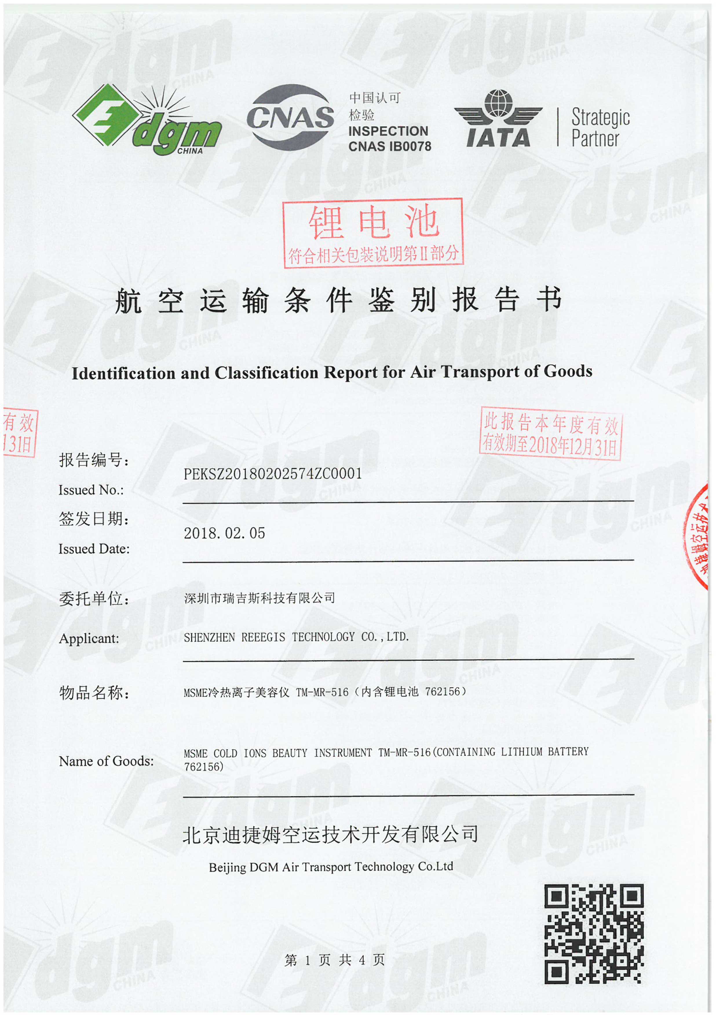 冷熱離子美容儀航空安全電池報告